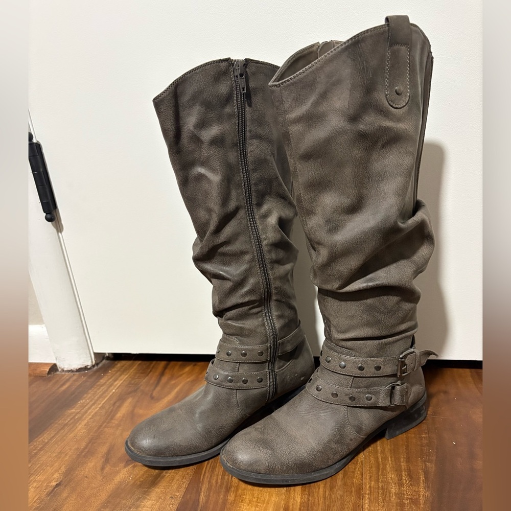 White Mountain Gray Knee-High Boots with Studded Straps